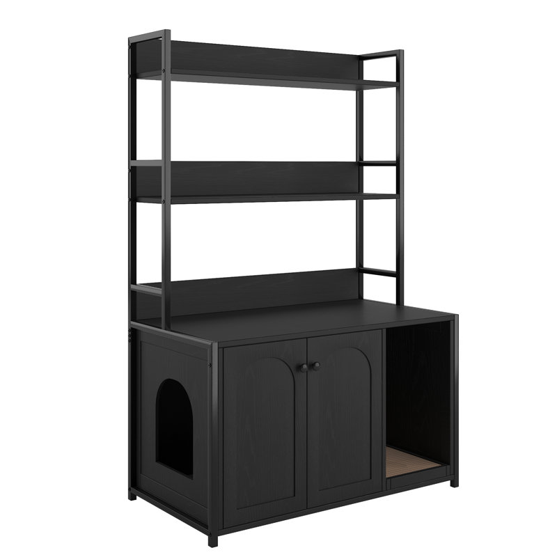 Cat Litter Box Enclosure With 3 layer Storage Shelves Black